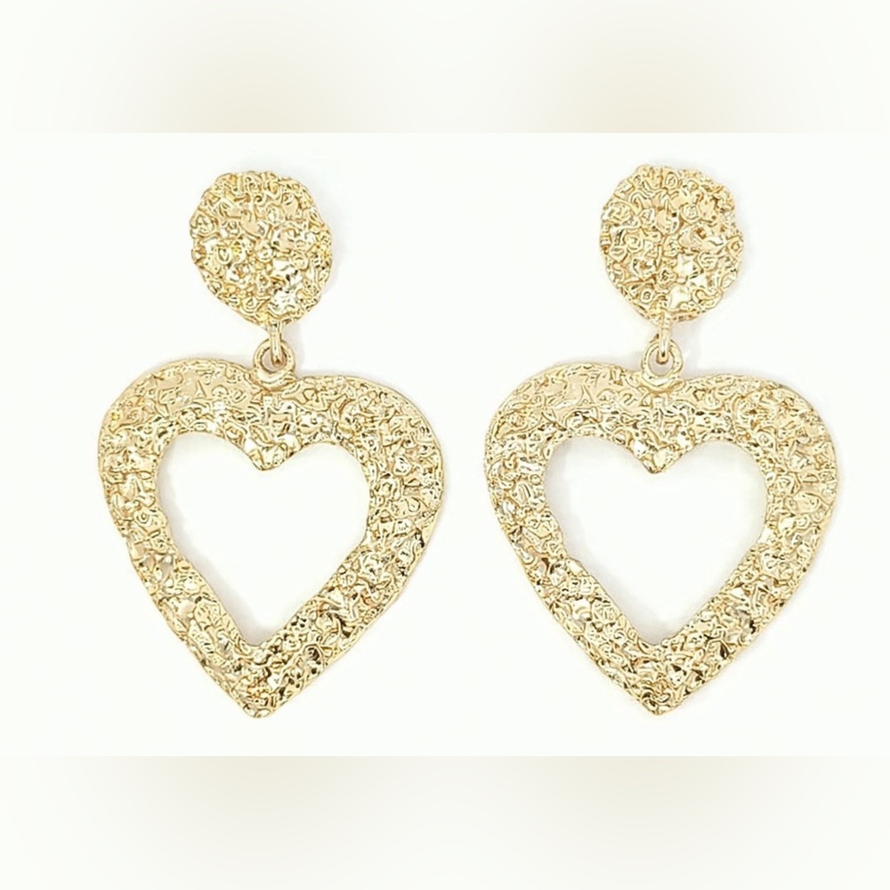 Tuckernuck Vintage Textured Gold Heart Drop Earrings • Statement Dangle